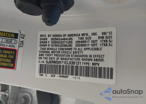 2012 Honda Cr-V Ex-L из США, поврежденный, VIN 5J6RM3H71CL036131